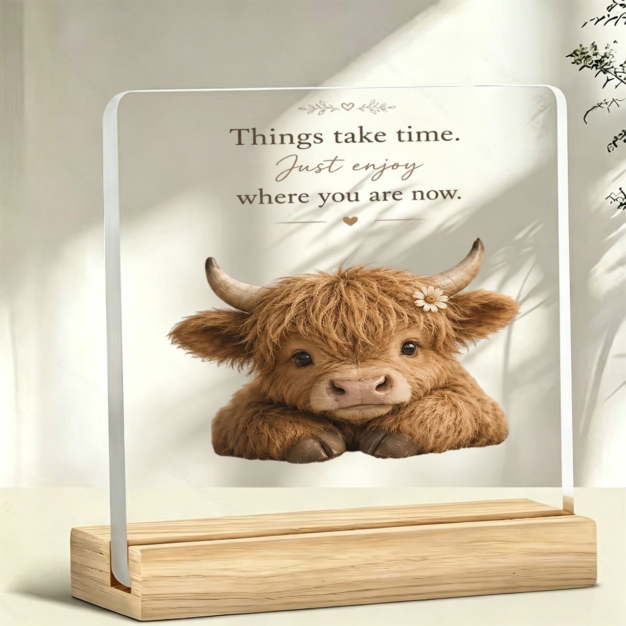 TEMU 2d Flat, 1pc Cute Highland Cow + "things Take" Slogan Office Supplies, Supplies, Desktop Office Supplies, Acrylic Paperweight Stand Ornament,