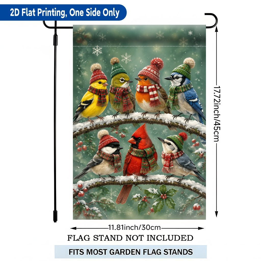 TEMU 2d Flat - 2d Flat Printing Garden Flag 1pc, Birds In Cute Winter Hats Single Sided Printing Garden Flag, Polyester, Holiday Yard Banner, For