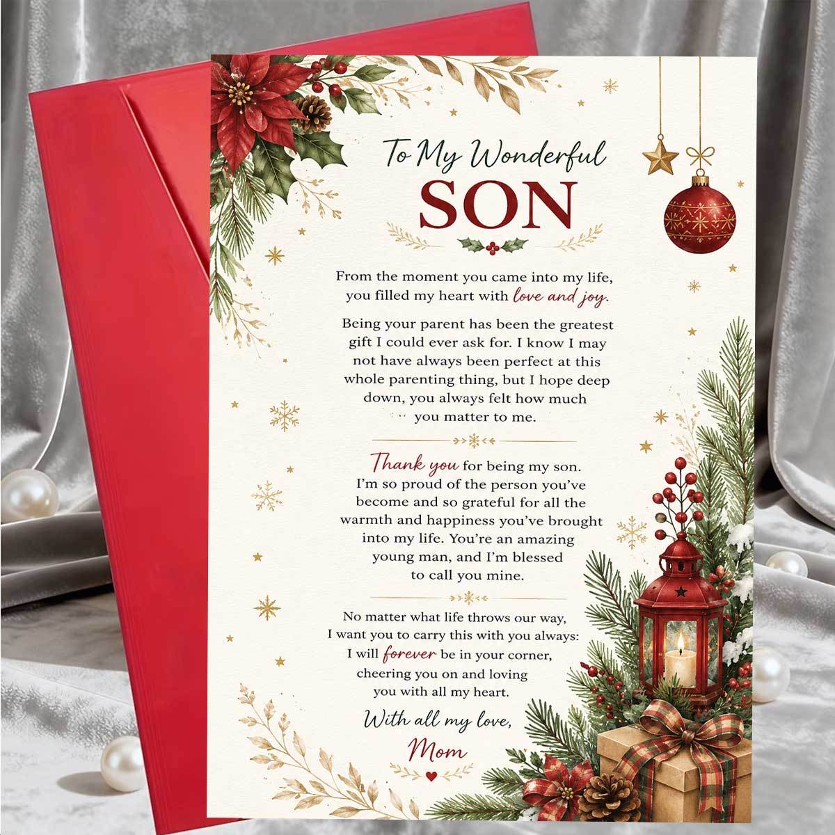 TEMU 1pc Greeting Card And 1pc Envelope. 2d Flat 1pc Warm Christmas Card, Featuring Red Lanterns, Pine Branches, And Gift Boxes, Printed With "to My