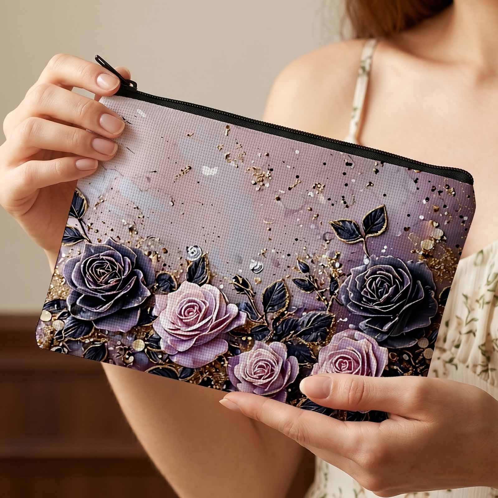 TEMU Borsa per trucco con stampa piatta 2D, elegante motivo a rose per riporre il trucco e organizzazione da viaggio, piatta 2D