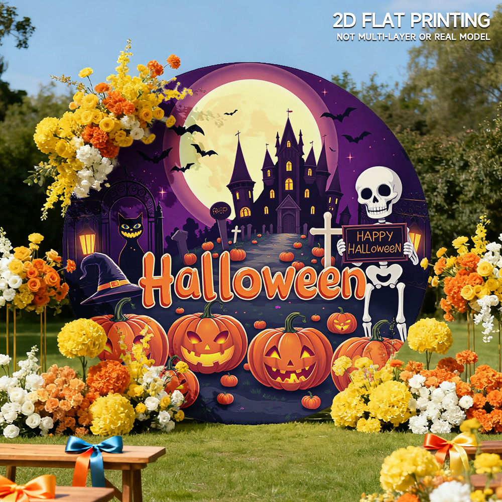 item picture 2d flat 2d flat 2d flat banner 1pc   and ghost scene pattern elastic round backdrop polyester material round cover round top   for birthday reunion and halloween gift   decor stand not included