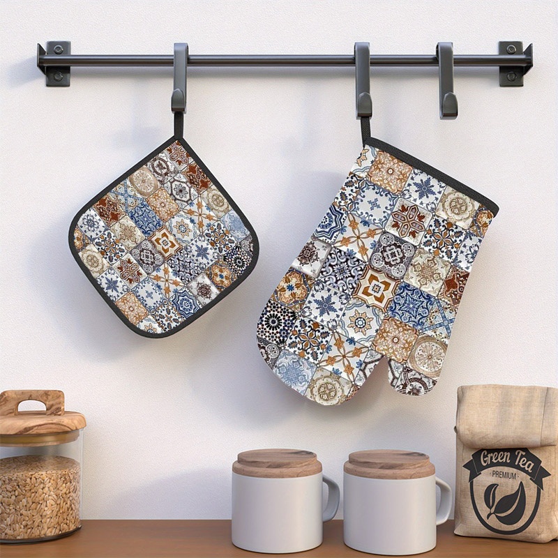 TEMU 2pcs Heat-resistant Oven Mitt And Pot Pad Set | Exquisite Hand-painted Moroccan Style: Change With Patterns - Size 26.92 X 17.02cm, Suitable For