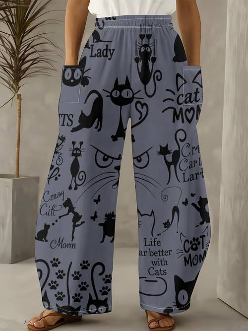 item picture womens casual pants with gray cat print and featuring a and offer blending daily relaxation with vitality