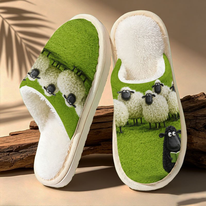 TEMU Cartoon Sheep Flock Reading Scene Slippers: Elegant And Simple, Soft And Skin-friendly, With A Gentle And Warm Feel . Unisex Family Slippers,