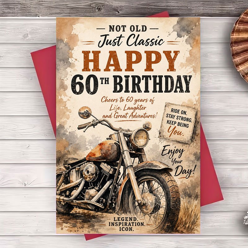 TEMU 1pc Envelope And 1pc Greeting Card Vintage Motorcycle 60th Birthday Greeting Card For Men Dad Husband Classic Retro Style Flat Paper Card For