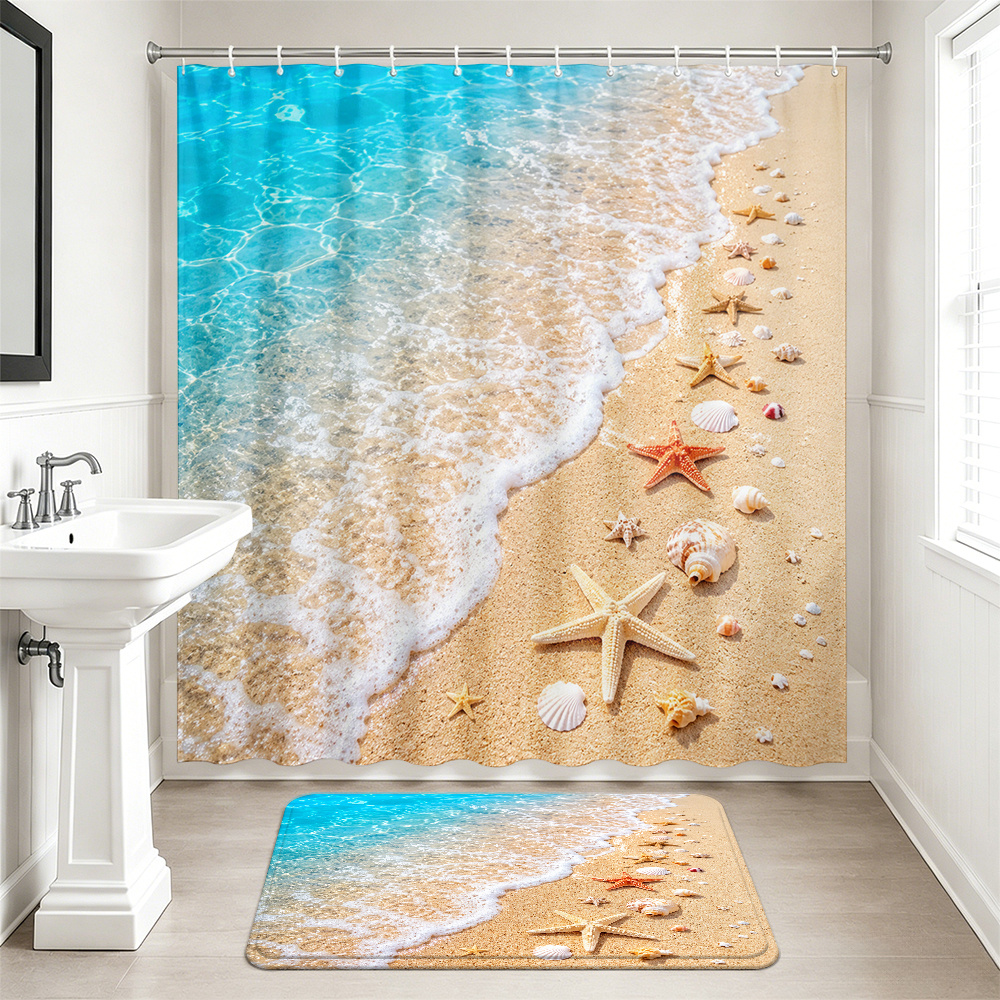 2pcs Beach Starfish Shells Shower Curtain Set