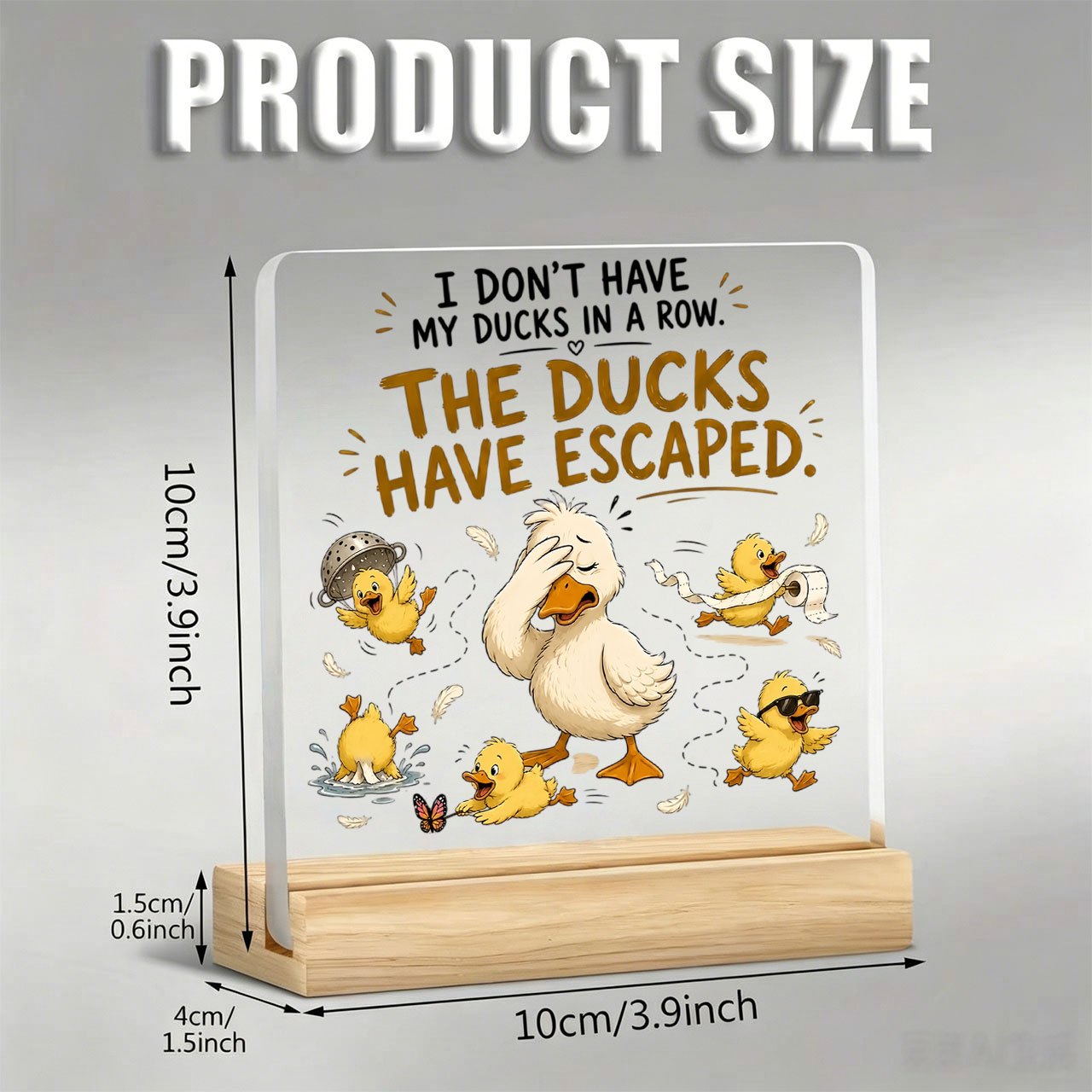TEMU 1pc Little Yellow Ducks Escaping Cartoon Ornament With Inspirational Slogan, Acrylic Decoration With Wooden Base, Paperweight, Office Desktop