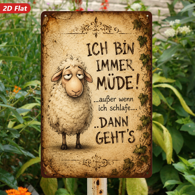 TEMU 2d Flat, 1pc Sheep Humor Metal Sign Wall Art, Ich Bin Immer Mude, Curly Wool Texture, Perfect For Bedroom Entryway , Home Decor, Modern Minimal