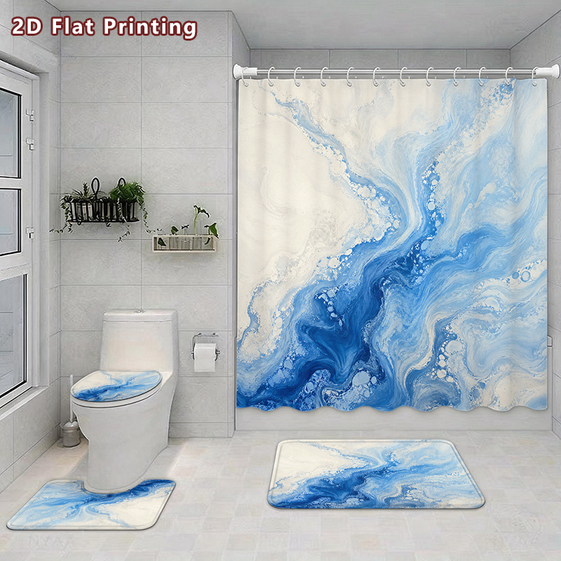 4pcs Abstract Fluid Marble Shower Curtain Set with Bath Mat