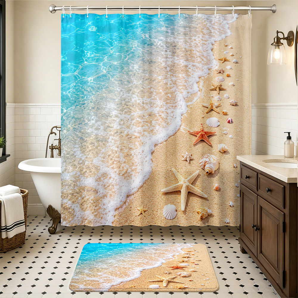 2pcs Beach Starfish Shells Shower Curtain Set