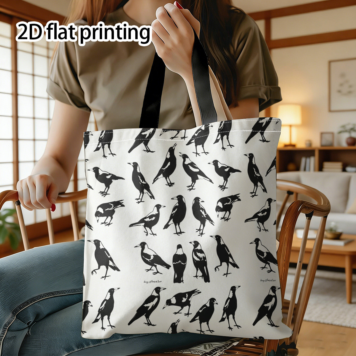 TEMU Black And White Magpie Pattern Print Tote Bag, Suitable Outdoor And Shopping, Unisex Shopping Bag | Durable Handle, Cute Tote Bag, Family