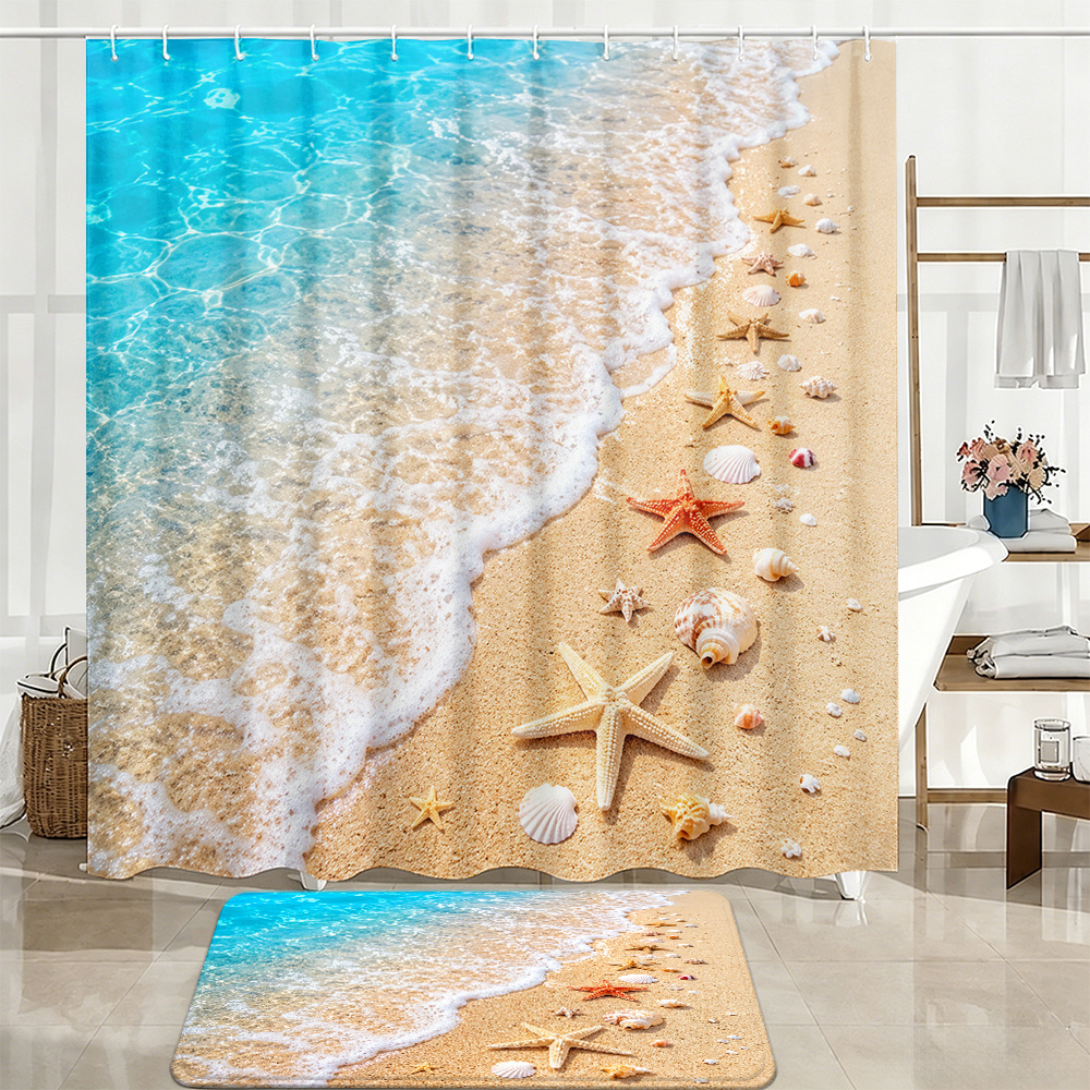 2pcs Beach Starfish Shells Shower Curtain Set