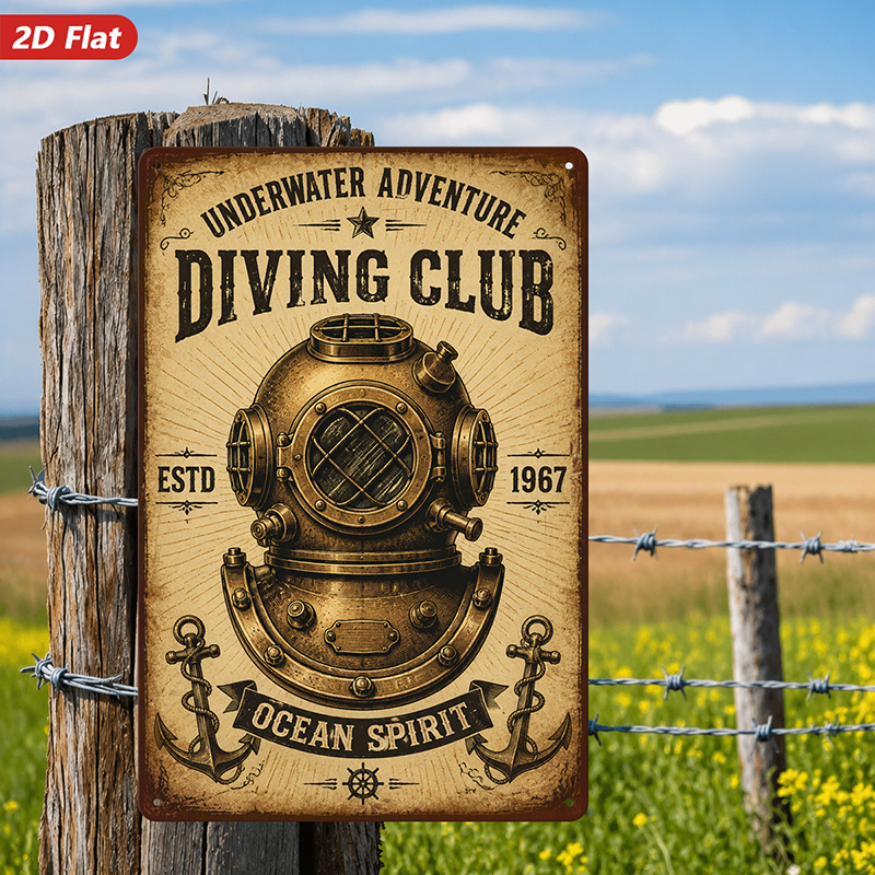 TEMU 2d Flat, 1pc Vintage Diving Helmet Metal Sign Wall Art, Underwater Adventure Text, Suitable For Dining Room Entryway Study, Diving Club Theme,