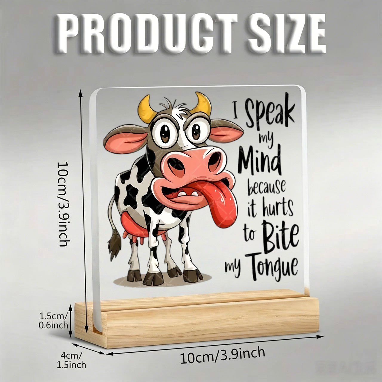 TEMU 1pc Cartoon Cow Sticking Out Tongue Ornament With Inspirational Slogan, Acrylic Figurine With Wooden Base, Paperweight, Desktop Decoration,
