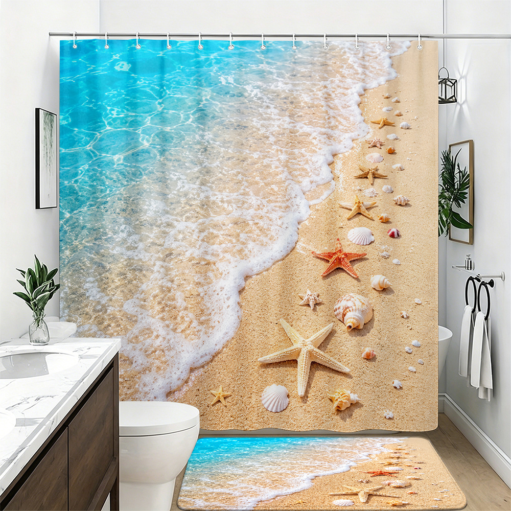2pcs Beach Starfish Shells Shower Curtain Set