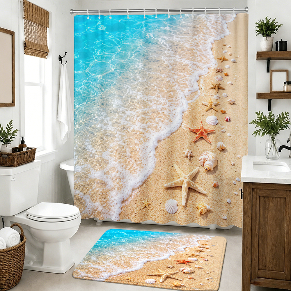 2pcs Beach Starfish Shells Shower Curtain Set