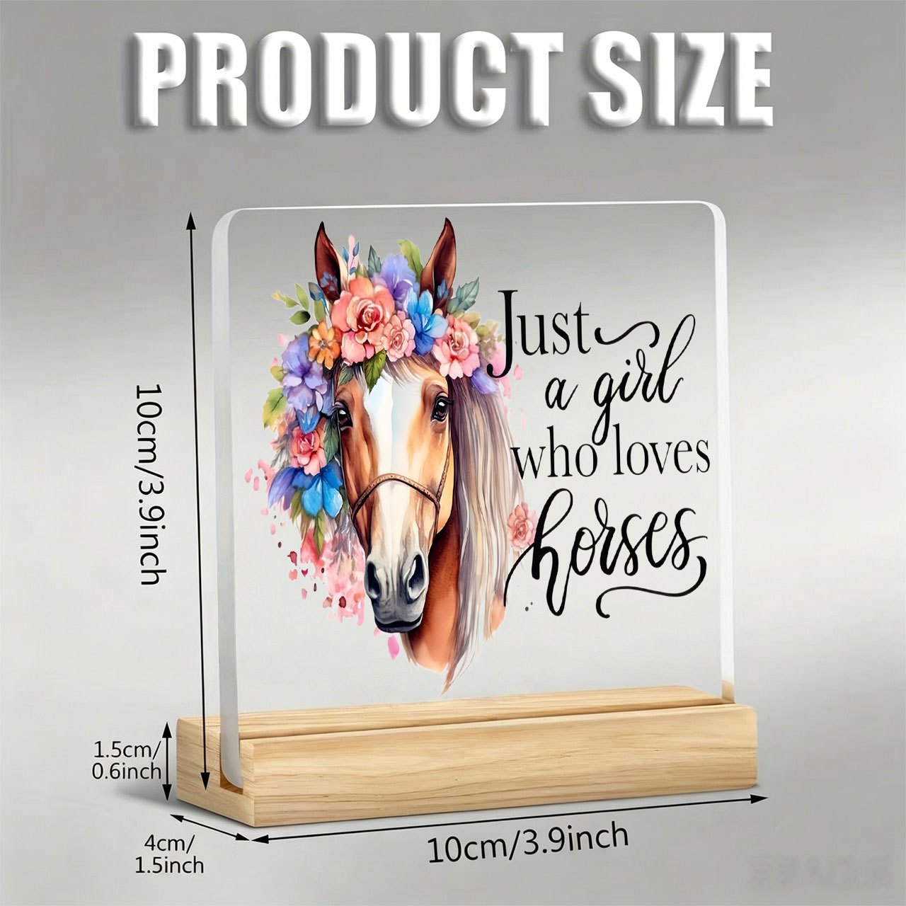 TEMU 1pc Wearing Flower And Horse Head Sculpture Who Horses Ornament Inspirational Slogan, Acrylic Ornament With Wooden Base, Paperweight, Office