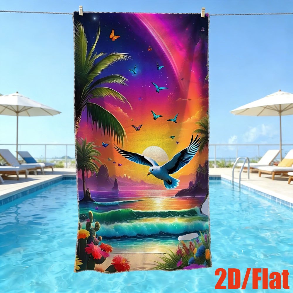 [jit] 1   extra   microvezel strandhanddoek - zacht, lichtgewicht en draagbaar, heeft een goede waterabsorptie, zandvrij, prachtige zonsondergang met vogels die over de oceaan vliegen. geschikt voor reizen, picknicks, strand, kamperen
