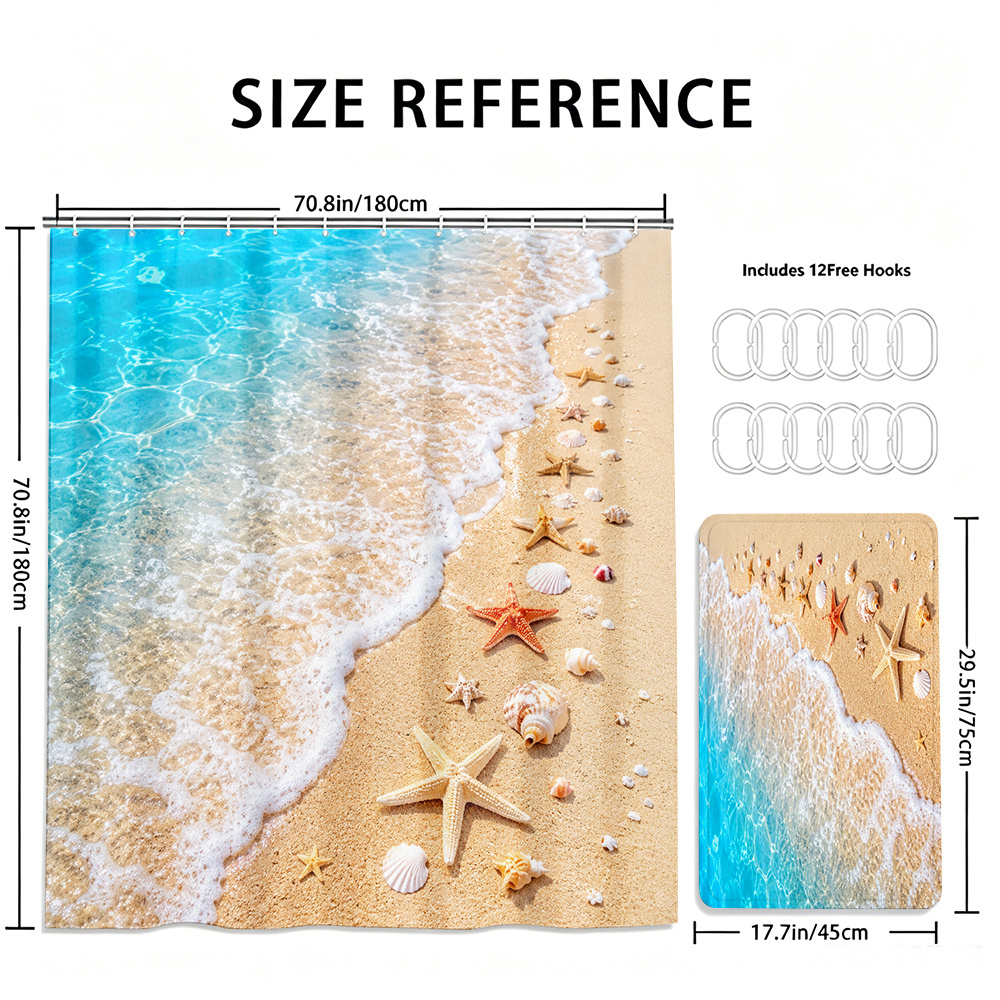 2pcs Beach Starfish Shells Shower Curtain Set