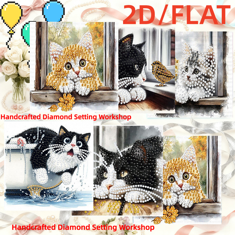 TEMU 6pcs 6pcs & Birds Diamond Painting Kit Suitable For Cat Lovers, Irregular/round Diamonds With Watercolor Art, Diy Handmade Greeting Card Craft