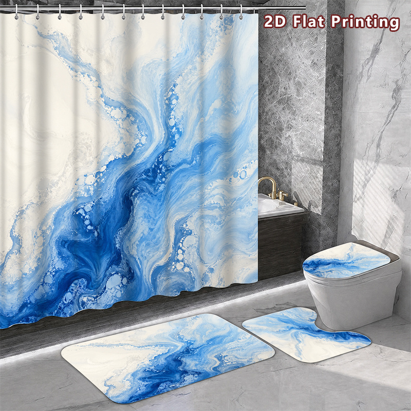4pcs Abstract Fluid Marble Shower Curtain Set with Bath Mat