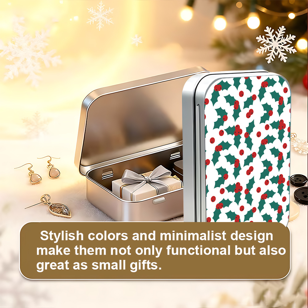 Metal Hinged Tin Box with Festive Holly Print, Mini Storage Case