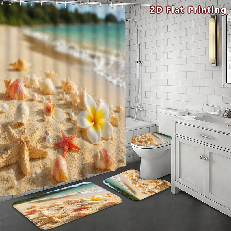 4pcs Beach Seashell Starfish Shower Curtain Set with U-Shaped Bath Mat