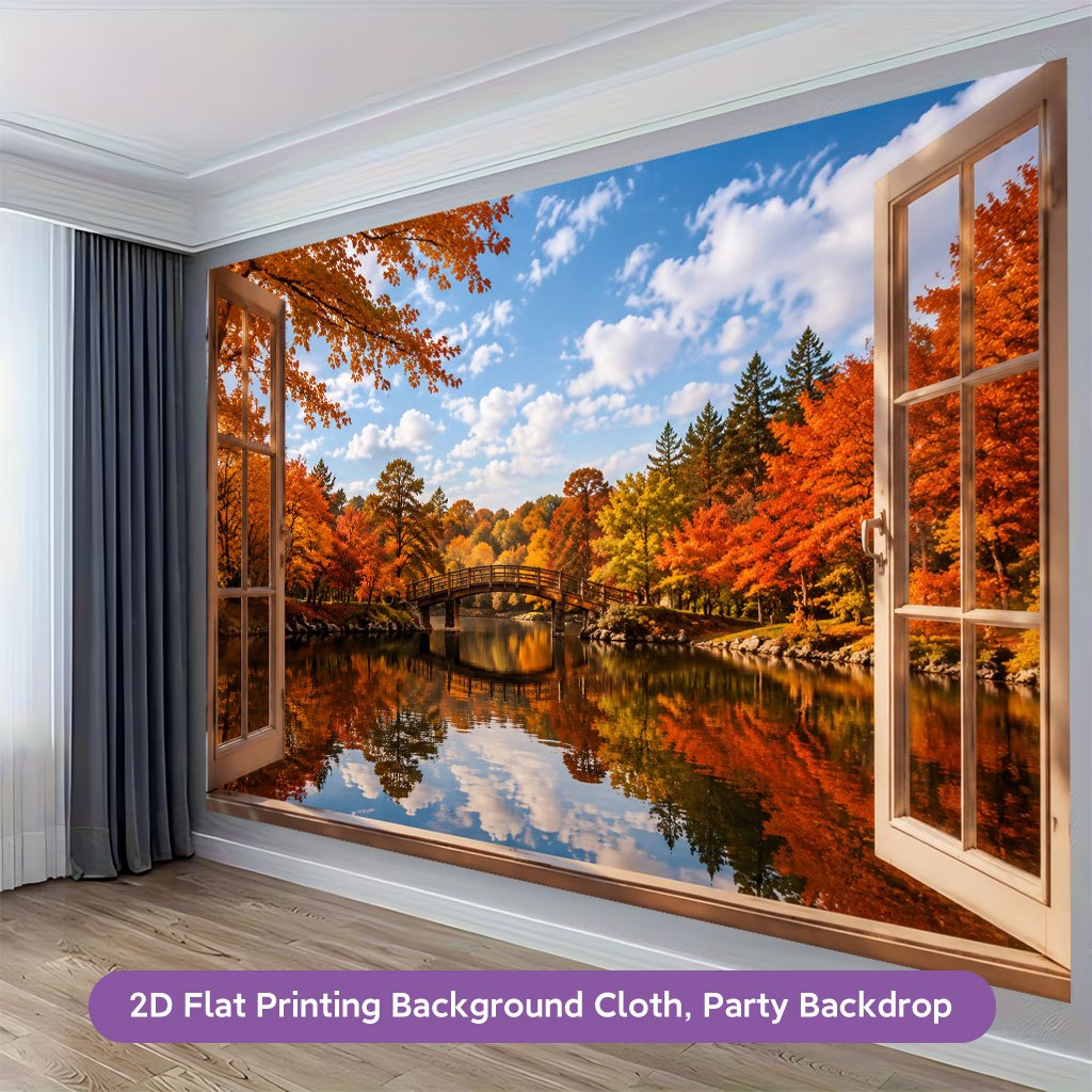 Open Window Autumn View Background Cloth Banner