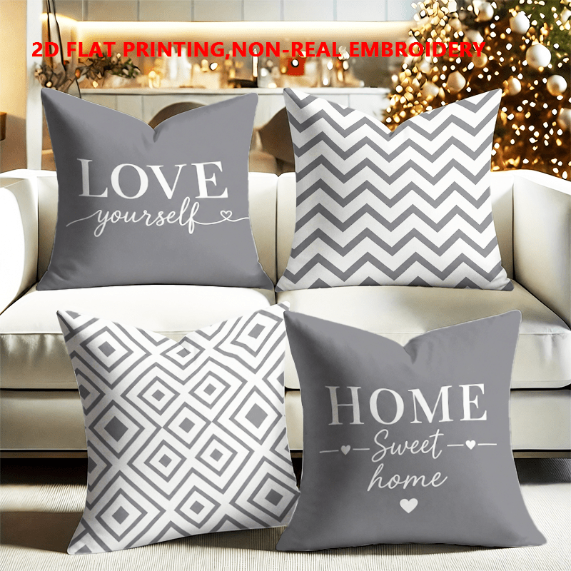 TEMU 4pcs, 2d Flat Printing, Minimalist Gray Letter Geometric Pattern Pillowcase, Single-sided Print, Modern Fashion Decorative Pillow Cover,