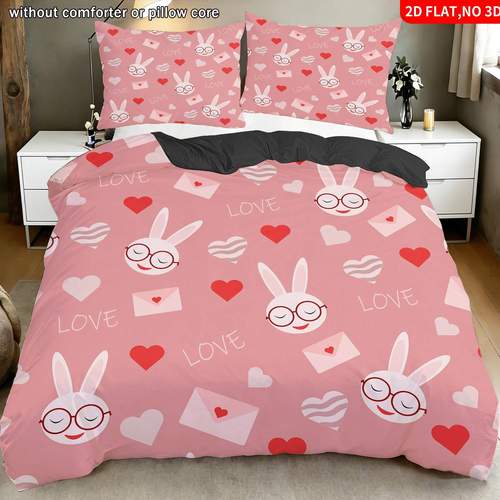 2 3pcs 2d flat printing sweet romantic quilt cover bedding pink letters envelopes cartoon bunny glasses print pattern suitable for occasions 1 duvet cover 1 2 pillowcases without core 2d flat