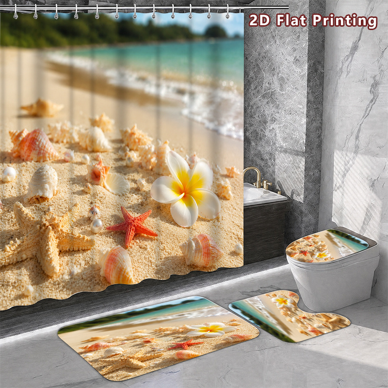 4pcs Beach Seashell Starfish Shower Curtain Set with U-Shaped Bath Mat
