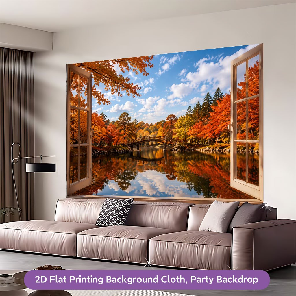 Open Window Autumn View Background Cloth Banner