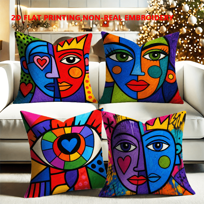 TEMU 4pcs Set, 2d Flat Printing, Abstract Face Painted Throw Pillow Covers, Single-sided Print, Modern Fashion Decorative Pillowcases, Polyester