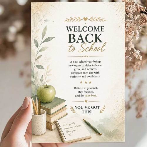1pc exquisite back to school greeting card featuring books green and stationery printed with welcome back to school and inspirational messages suitable for students with envelope