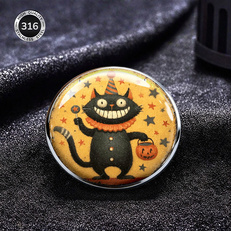TEMU 2dflat Halloween Cat Stainless Steel Brooch, Cartoon Black Cat With Clown Hat, Jack-o'-lantern, And Star Pattern Badge, Fashionable Apparel And