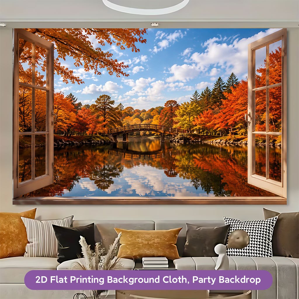 Open Window Autumn View Background Cloth Banner