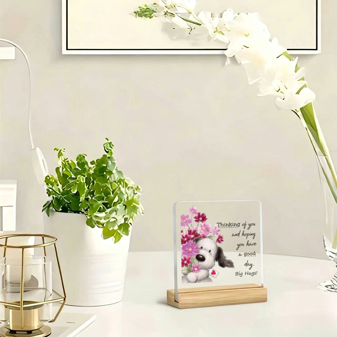 TEMU 1pc " And . Big Hugs!" Puppy Holding Bouquet Ornament, And Inspirational Slogan, Acrylic Ornament With Wooden Base, Paperweight, Desktop