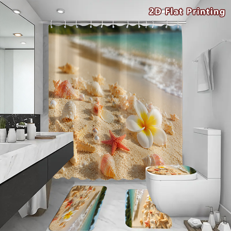 4pcs Beach Seashell Starfish Shower Curtain Set with U-Shaped Bath Mat