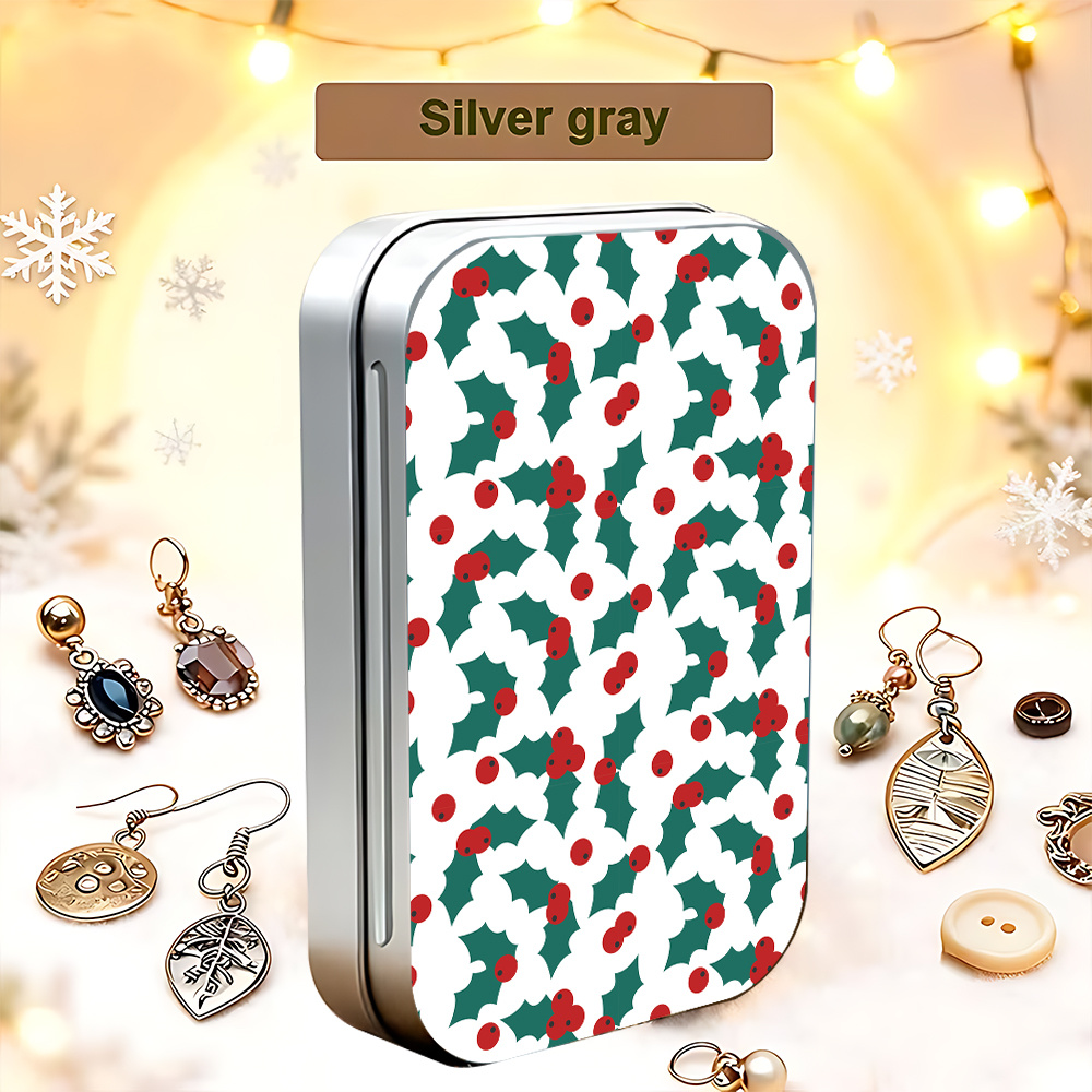 Metal Hinged Tin Box with Festive Holly Print, Mini Storage Case