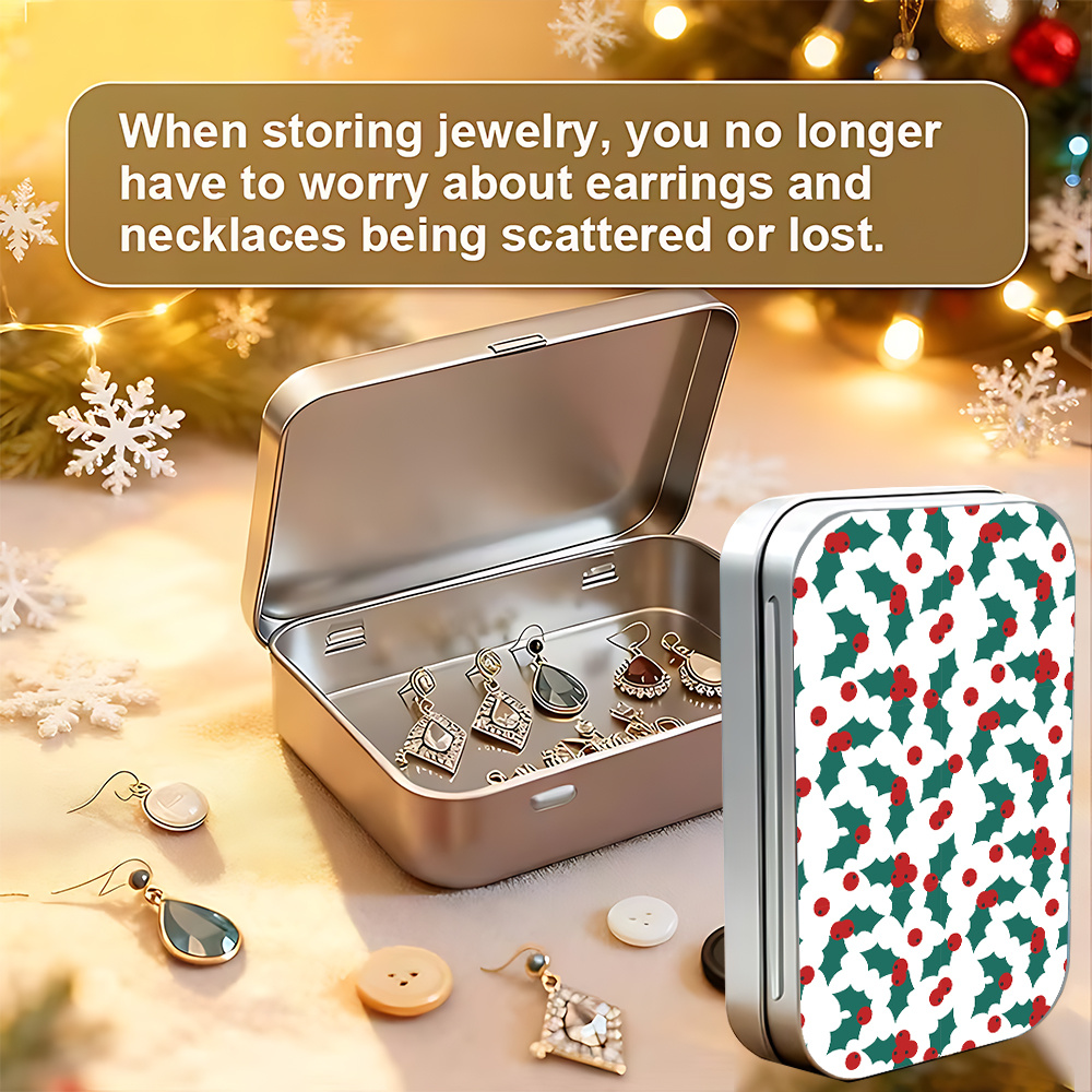 Metal Hinged Tin Box with Festive Holly Print, Mini Storage Case