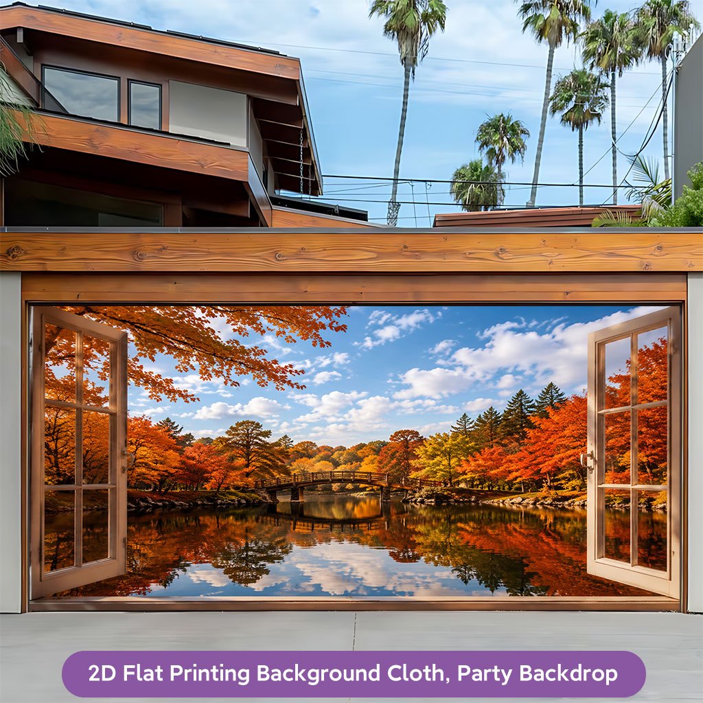Open Window Autumn View Background Cloth Banner