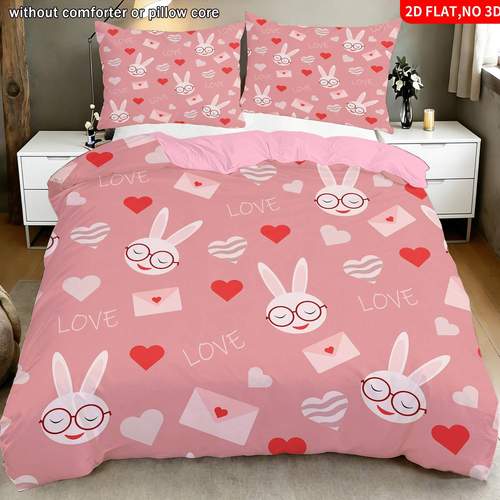 2 3pcs 2d flat printing sweet romantic quilt cover bedding pink letters envelopes cartoon bunny glasses print pattern suitable for occasions 1 duvet cover 1 2 pillowcases without core 2d flat