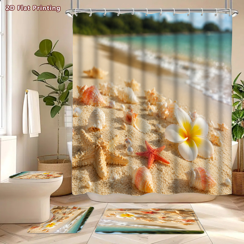 4pcs Beach Seashell Starfish Shower Curtain Set with U-Shaped Bath Mat
