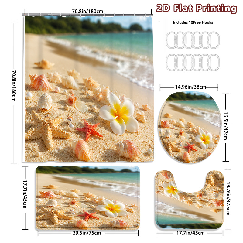 4pcs Beach Seashell Starfish Shower Curtain Set with U-Shaped Bath Mat