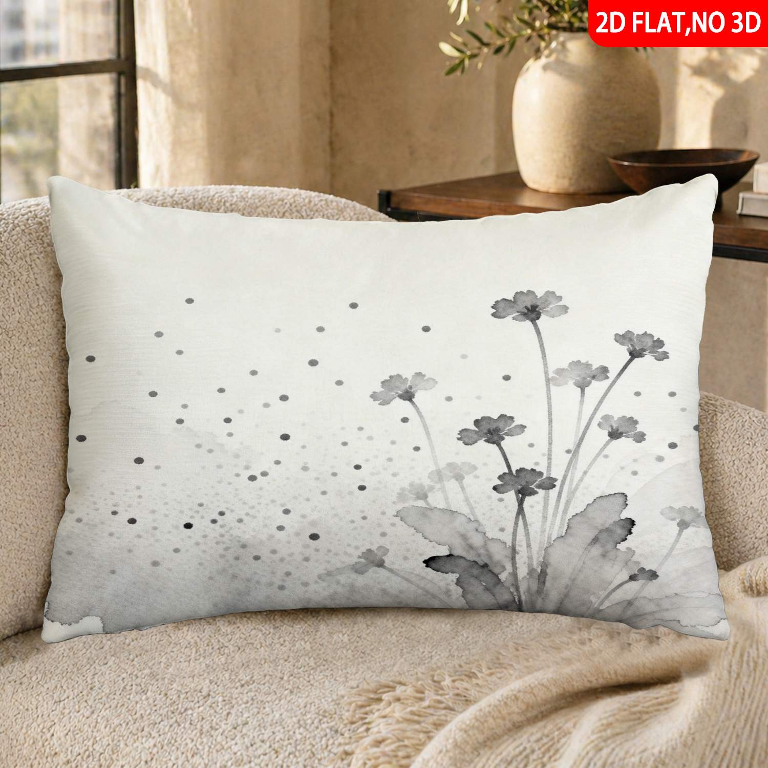 TEMU 1pc Pillowcase(pillow Inserts Not Included) 2d Flat Print Chinese Ink Painting Style Black And White Watercolor Flower Pattern Stylish Pillow