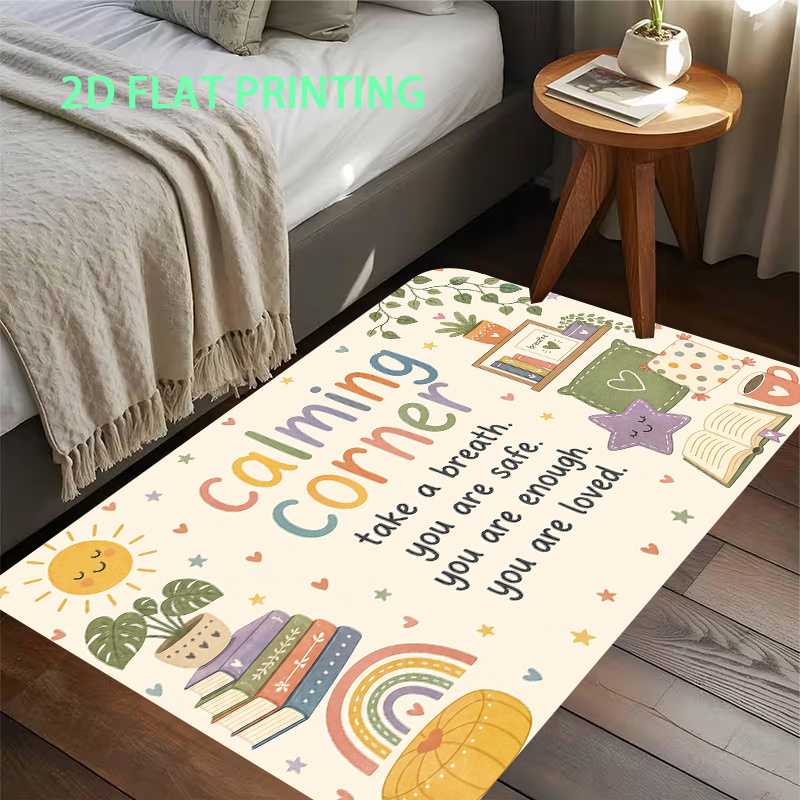 TEMU 1pc, 2d Flat Printing, Calming Corner Style Text And Pattern Bedroom Living Room Floor Mat, Non-slip Machine Washable Easy-to-clean Polyester