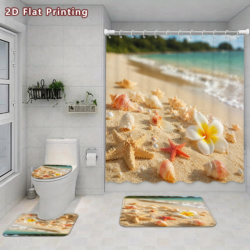 4pcs Beach Seashell Starfish Shower Curtain Set with U-Shaped Bath Mat