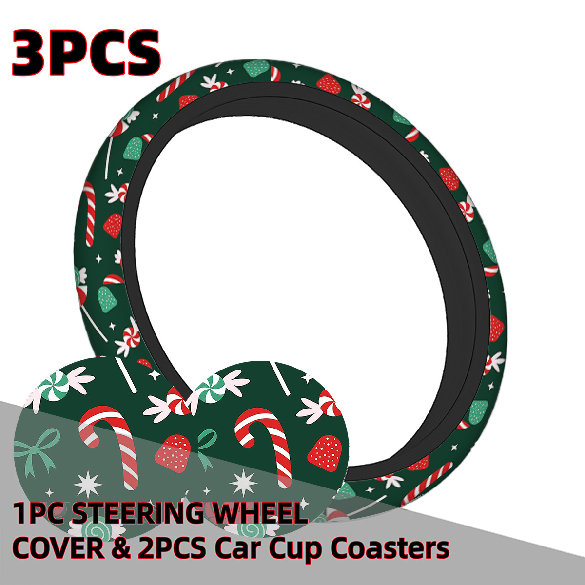 TEMU 3pcs Set Cute Christmas Candy Cane Car Interior Set: Steering Wheel Cover - , Universal Size 15 Inches, Includes 2 Cup Holder Coasters, Car