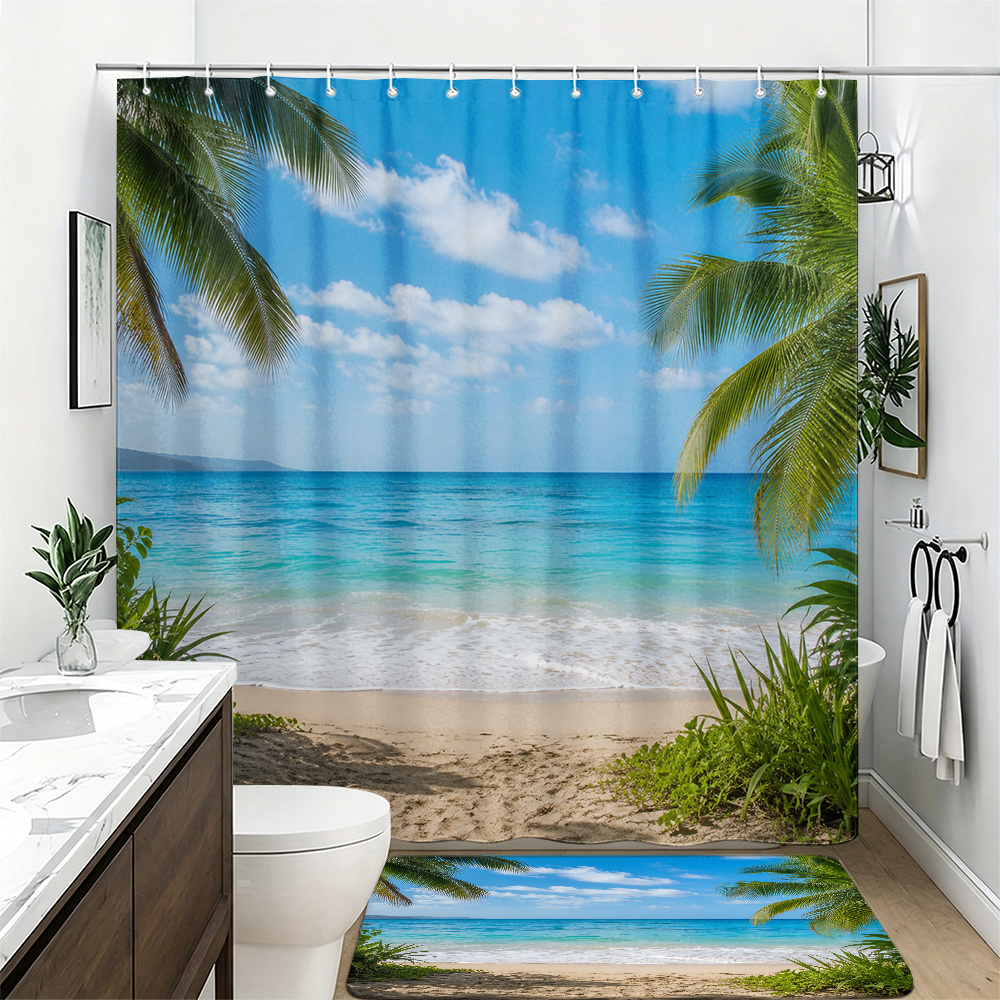 Tropical Beach Shower Curtain Set with Hooks