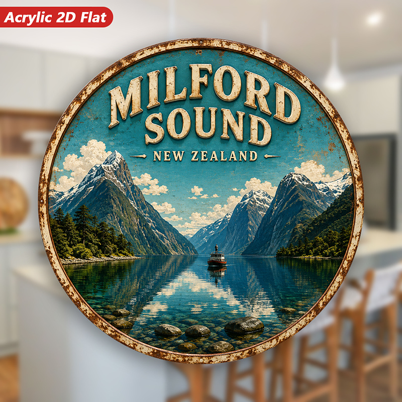 TEMU 2d Flat, 1 Milford Sound Scenery Acrylic Round Magnetic Fridge Magnet, Kitchen Decor, New Zealand Text, , Bay , Bohemian-style Decorative